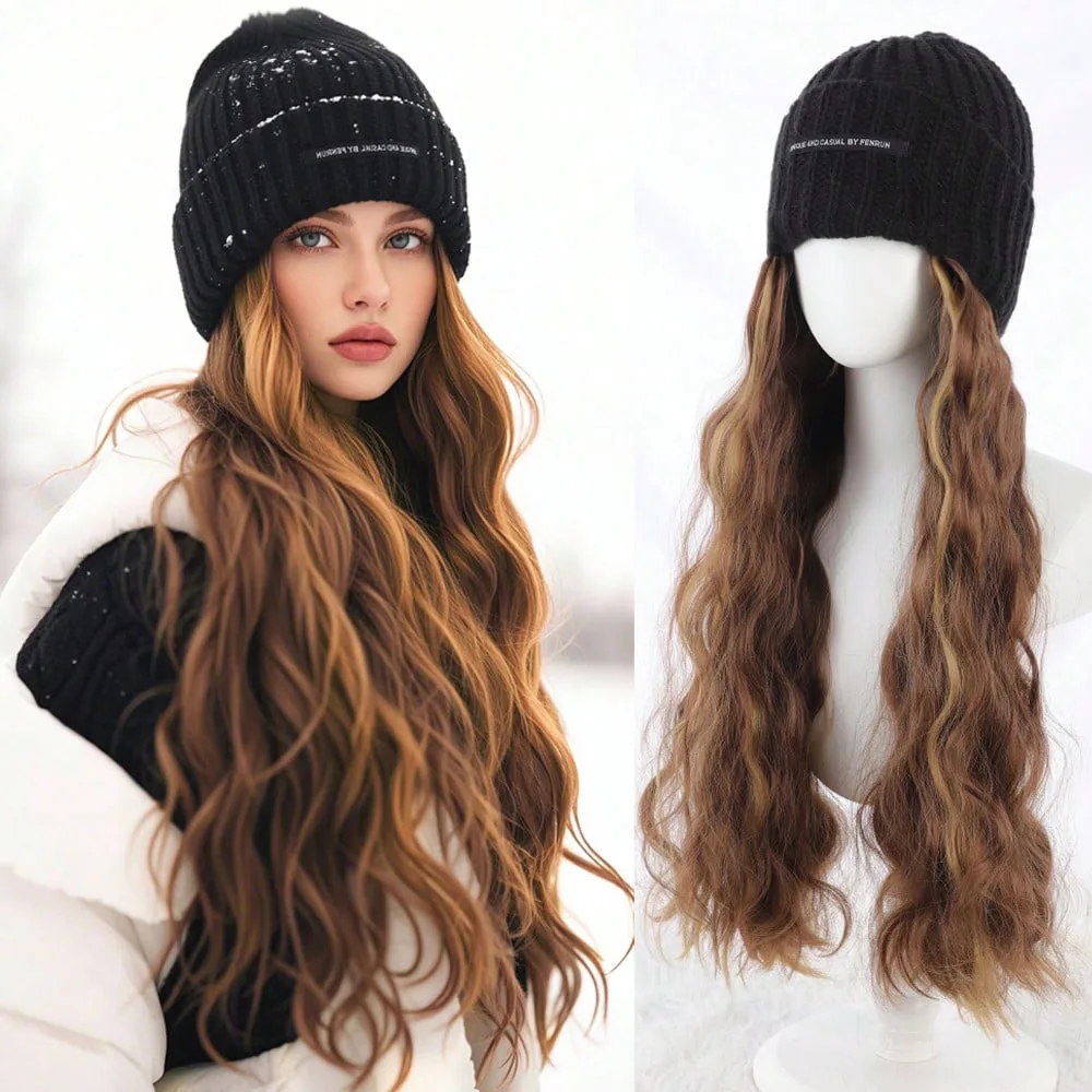 Autumn and Winter Wigs,BLACK Hats, One-Piece Knit, Big Waves, Headgear Synthetic fiber