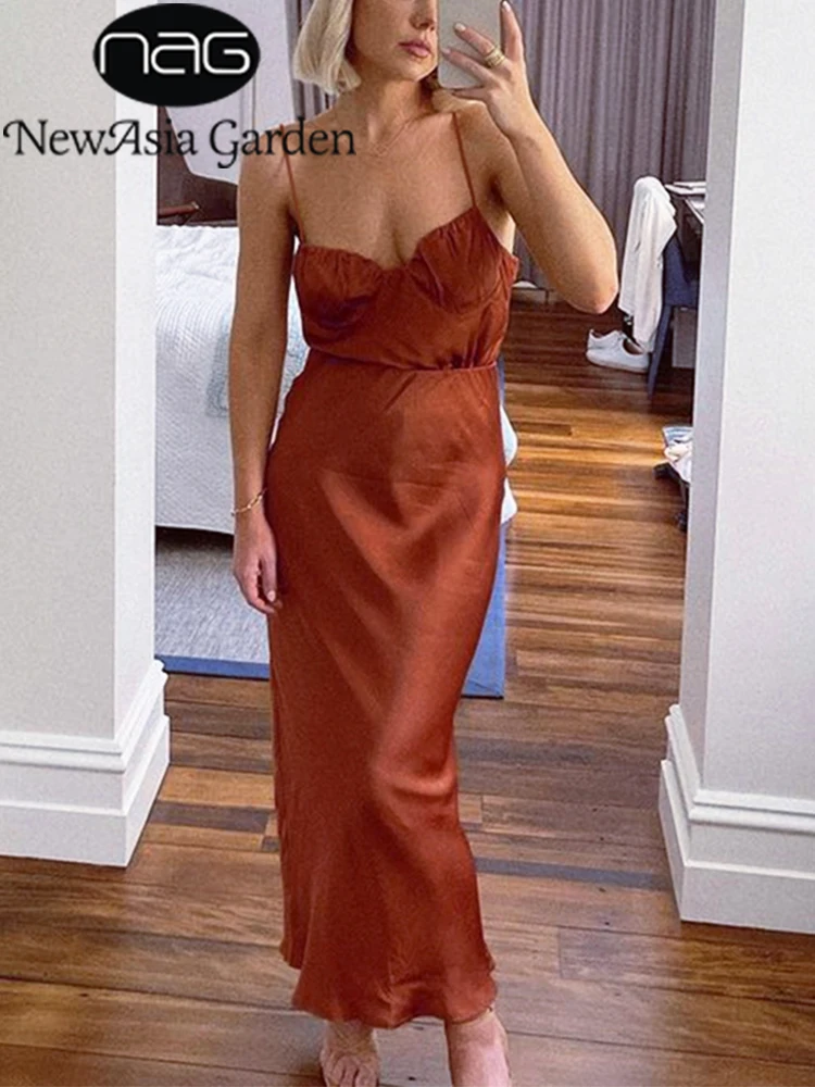 

NewAsia Satin Slip Summer Dress Sweetheart Ruched Spaghetti Strap Low Cut Slim Fit Maxi Robe Sexy Ladies Elegant Brown Vestidos