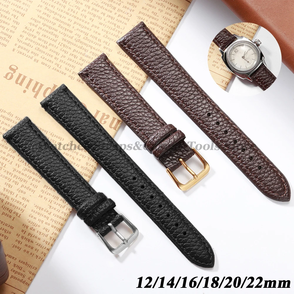12mm 14mm 16mm 18mm 20mm 22mm PU Leather Litchi Pattern Watch Strap for Men Women Ultra-thin Wristband Universal Sport Bracelets