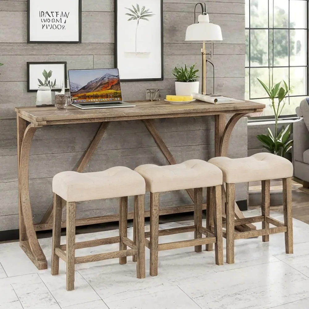 

59 Counter Height Bar Table Set with Power Outlet, Industrial Breakfast Table with 3 Padded Stools, 4 Piece Bar Table and Chairs