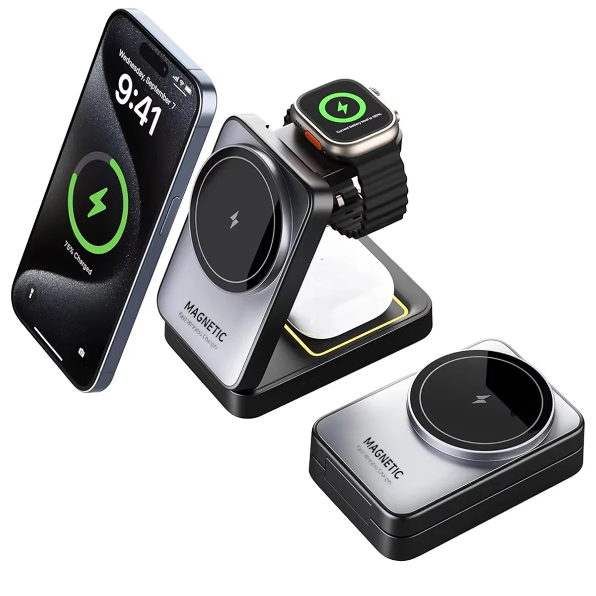 

Магнитная Беспроводная зарядная подставка 3 в 1 для Magsafe iPhone 13 14 15 16 apple Watch 2-8 Airpods Pro, складная быстрая зарядная станция