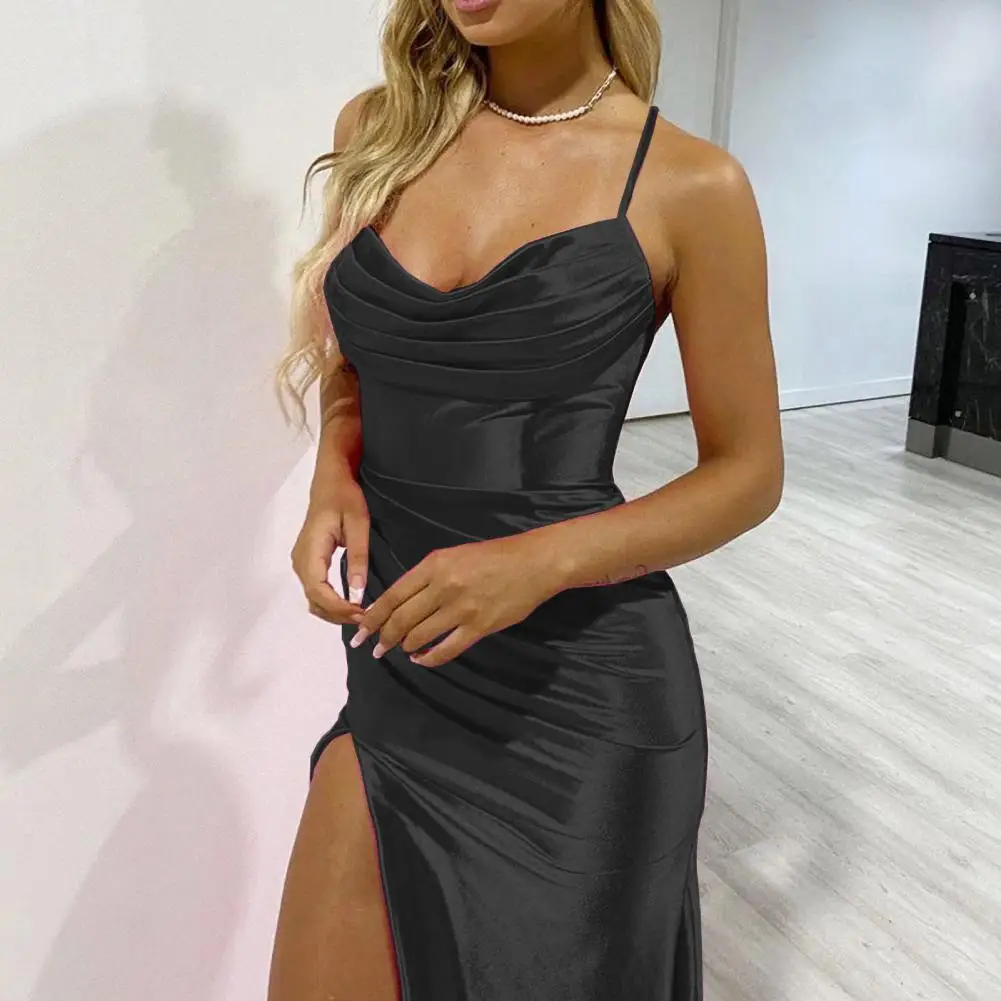 Elegant Women Sexy Satin Maxi Dress Silky Strap Corset Push Up Fishbone Ruched Slit Evening Party Long Dresses For Women 2024