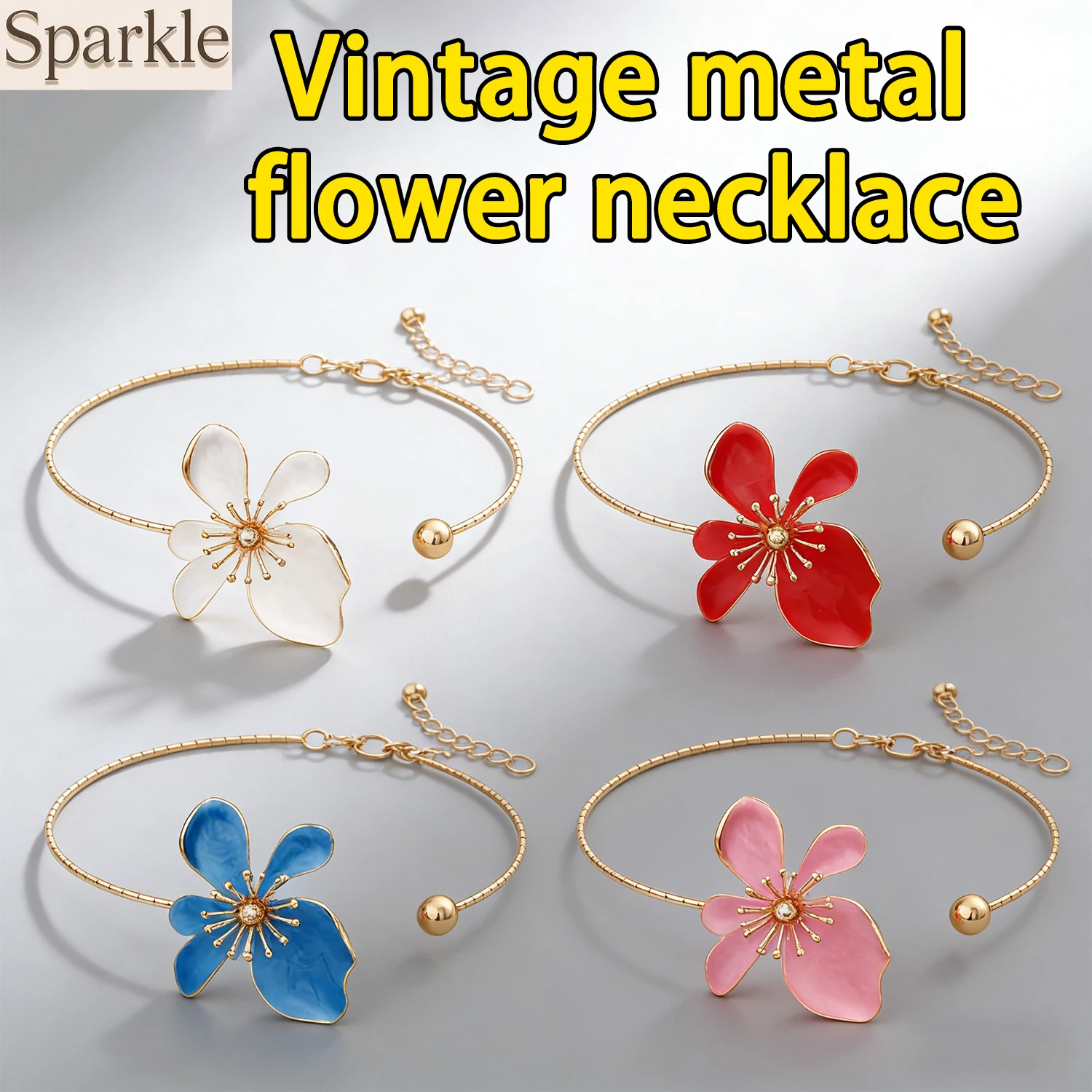 

Simple Colorful Flower Adjustable Open Choker Necklace Geometric Korean Style Metal Collar for Party Wear