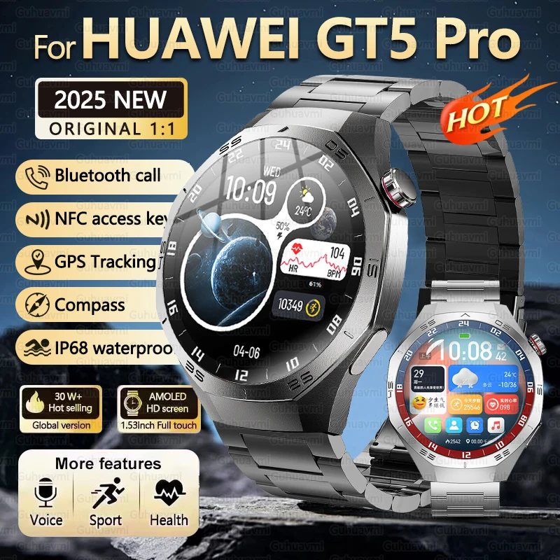 

2025Новинка для Huawei GT5 Pro Смарт-часы для мужчин 1,52-дюймовый HD AMOLED-экран GPS Траектория движения Водонепроницаемые умные часы с пульсометром BT Call