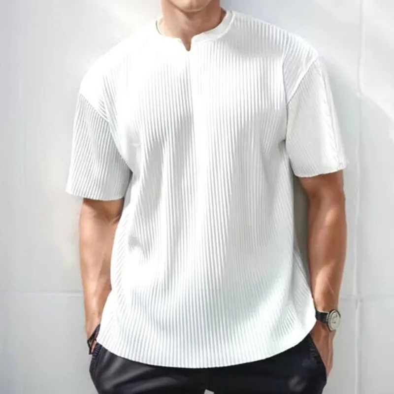 American Hardcore V-Neck Henley Ice Silk Textured Slim Short Sleeve T-Shirt Men's Casual Top