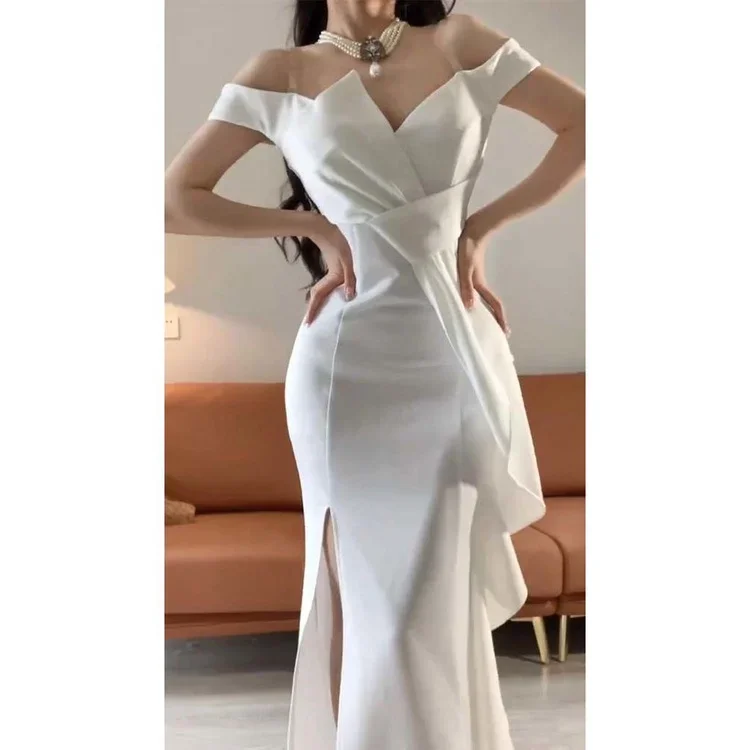 Hawlife Korean White Maxi Civil Wedding Evening Cocktail Long Dress Gown 011