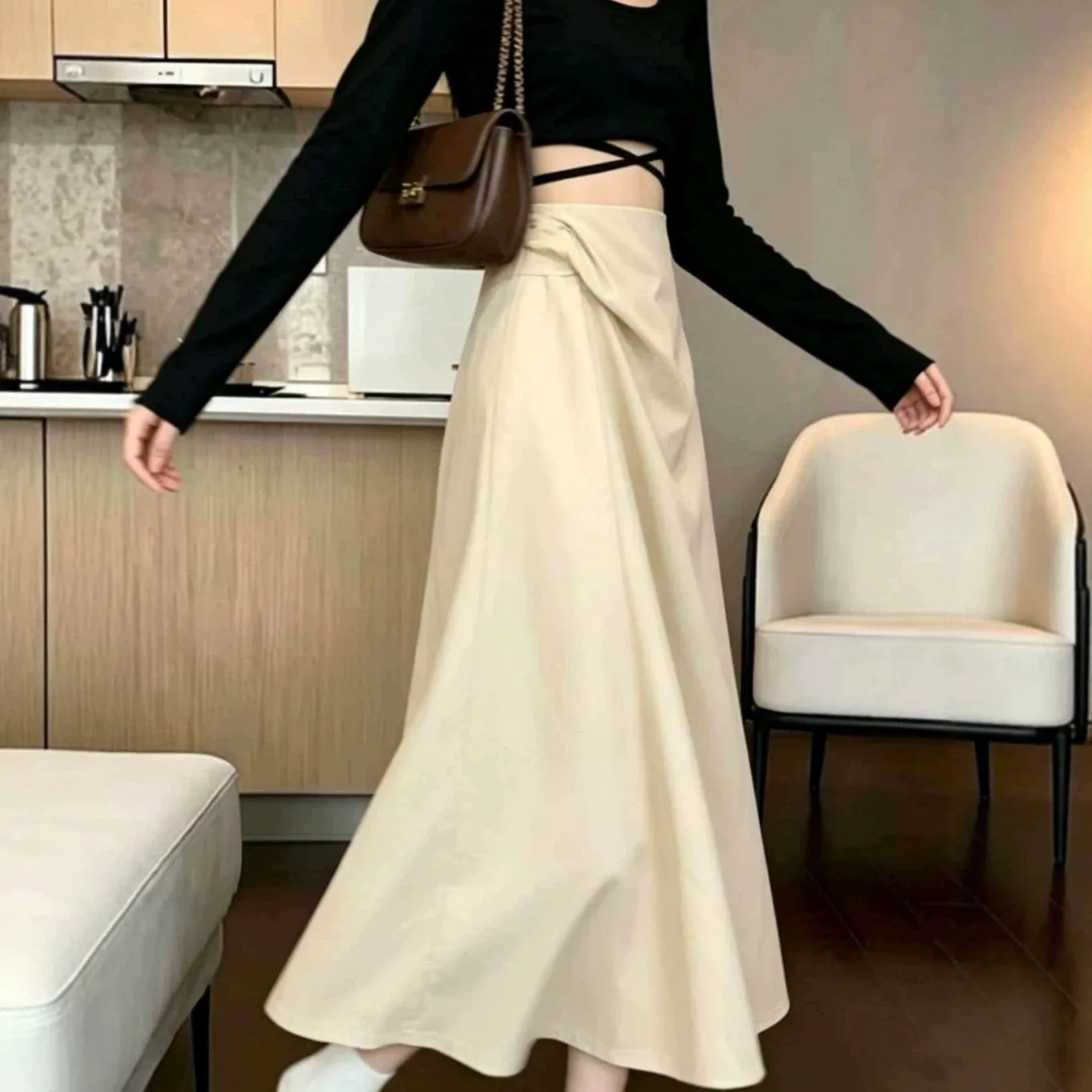 Casual High Waist Pleated Long Skirt Elegant Full Skirt Polyester Fiber Apple Pear Body Type Comfortable Elastic Waist Skirt