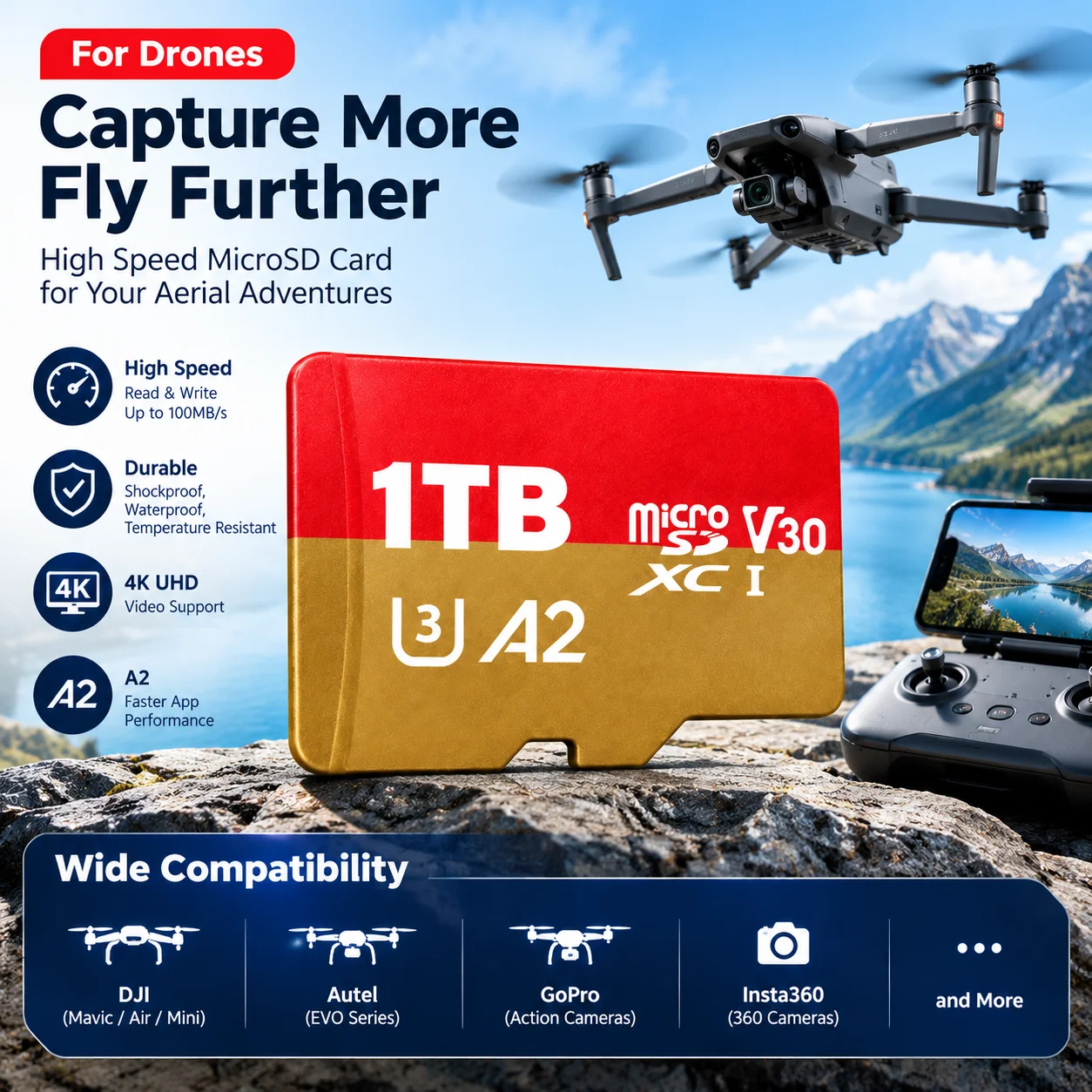 1TB MicroSD Memory Card V30 U3 A2 High Speed 4K UHD Storage Card for Drone, Camera, Smartphone & Tablet
