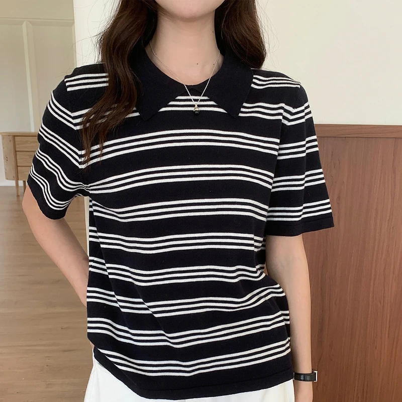 Summer New Women's T-shirt 100% Cotton Knit Short Sleeve Pullover Color Blocking Stripe Tees Loose Fashion POLO Neck Ladies Tops