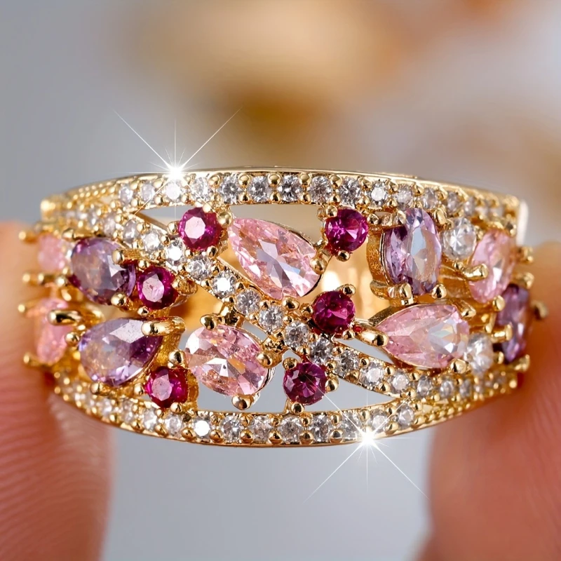 Pink Purple Crystal Water Drop Stone Engagement Rings for Women Vintage Gold Color Wedding Bands Birthstone Jewelry Party Gifts