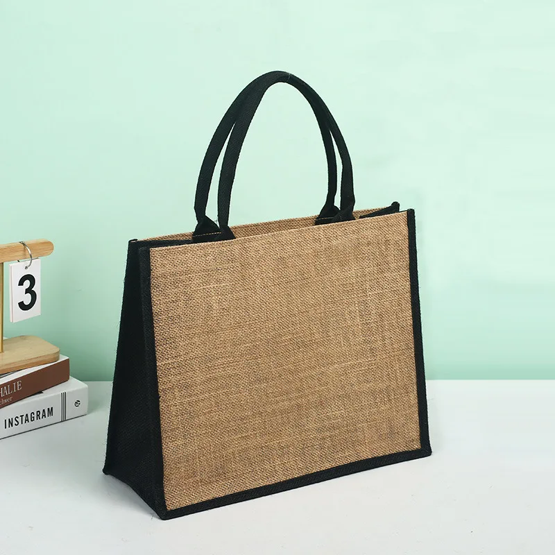 Custom Printed Logo Hemp Bag Color Blocking Hand-painted Cotton Jute Bag Hand Held Imitation Linen Bag Shopping Bags