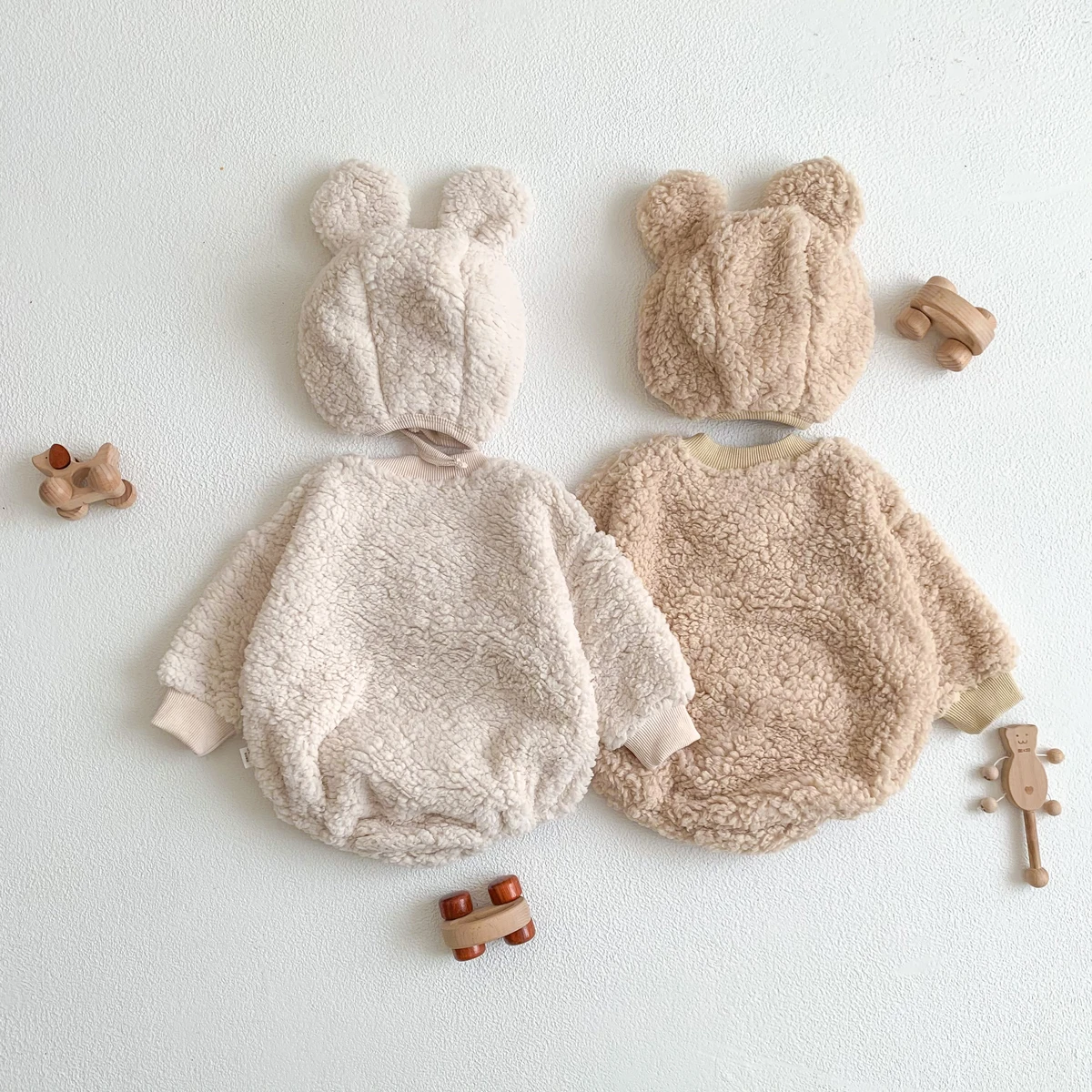 autumn and winter ins baby clothes cute bear baby fleece-lined jumpsuit baby warm double-sided velvet jumpsuit hooded