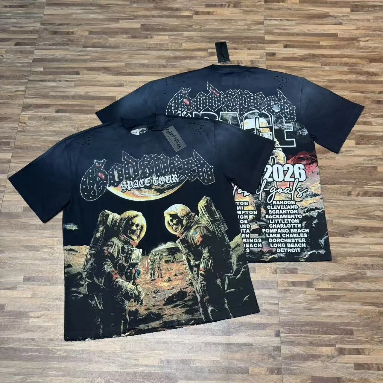 Godspeed Space Skeleton Print High Street Ripped Rhinestone Washed Pure Cotton Short Sleeve T-Shirt Youth Fashion Streetwear