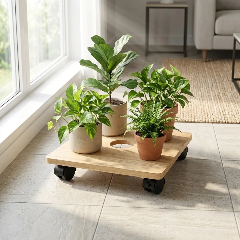 Plant Stand with Integrated Drainage Path and 4 Wheels Including Lockable Casters for Indoor Outdoor For Garden Use