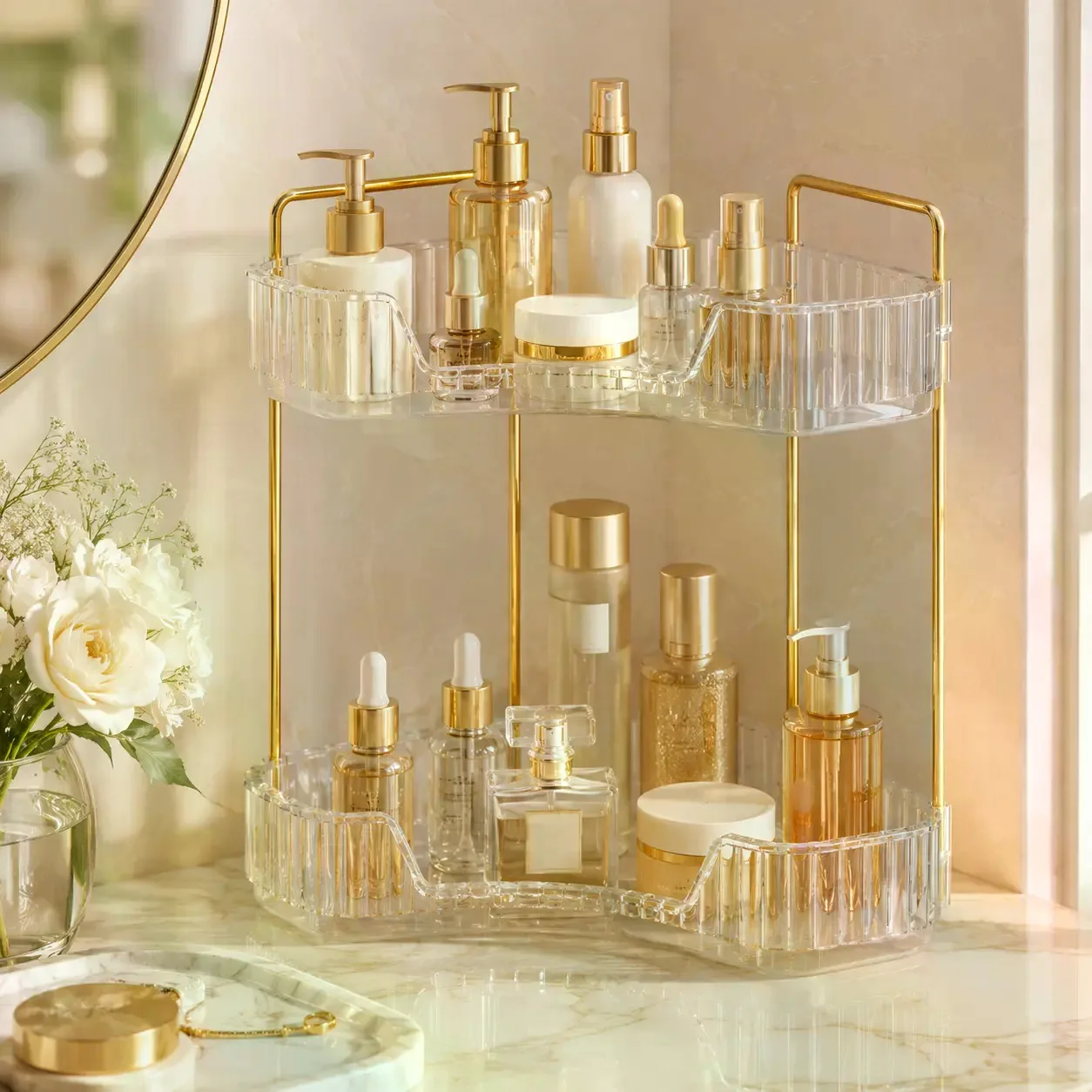 2-Tiers Plastic Corner Bathroom Counter Organizer - Gold Metal Pole Shelves, Makeup Organizer Storage Rack, Cosmetic Perfume Tray Holder for Vanity Sink, Bathroom Gadget, Bathroom Accessories