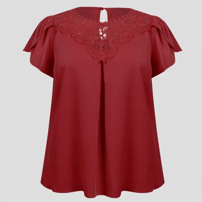 Bluse in Übergröße für Damen, Spitze, Rundhalsausschnitt, kurze Flügelärmel, lockeres, lässiges Sommer-Oberteil für den Alltag – Detail 5