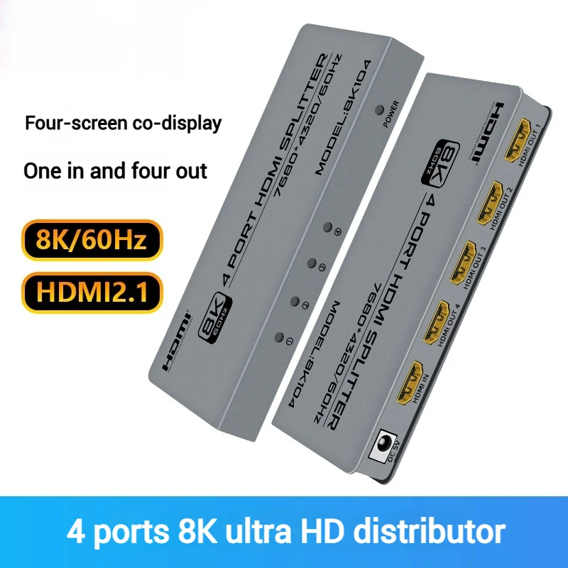 8K/60Hz HDMI Splitter 1x4 HDMI2.1 Splitter 1 In 4 Out Video Distributor HDR 10 3D for PS5 Xbox Camera PC To TV Monitor