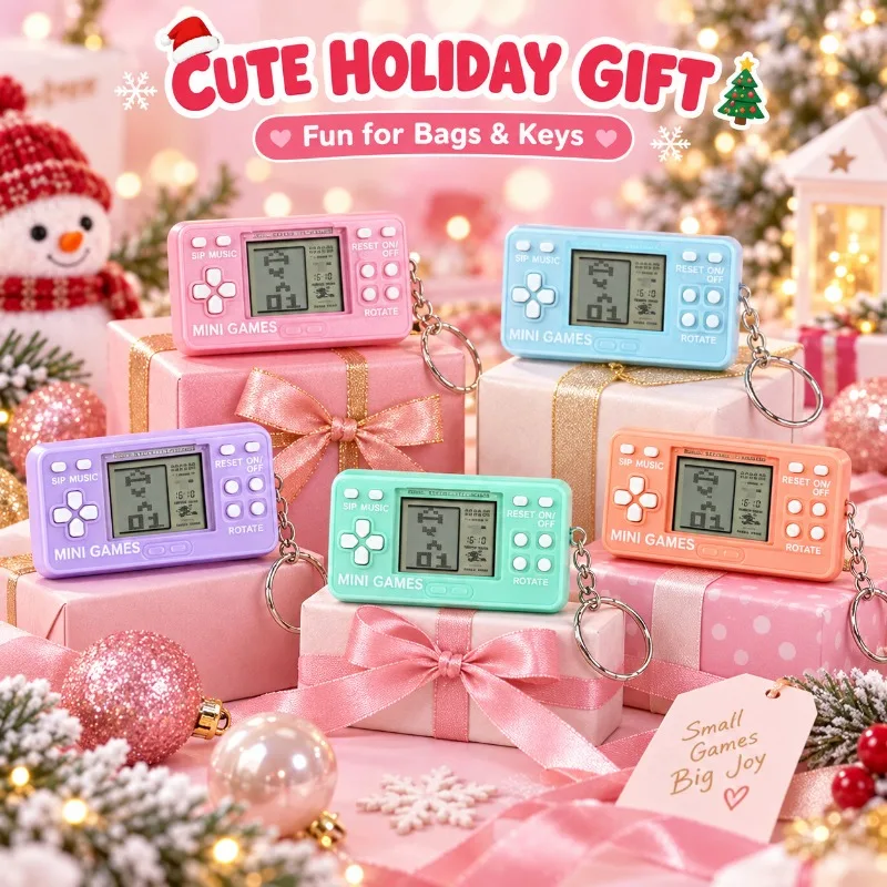 Mini Retro Game Console Keychain Portable Pocket Electronic Game Toy Key Ring Backpack Bag Charm Gift For Christmas