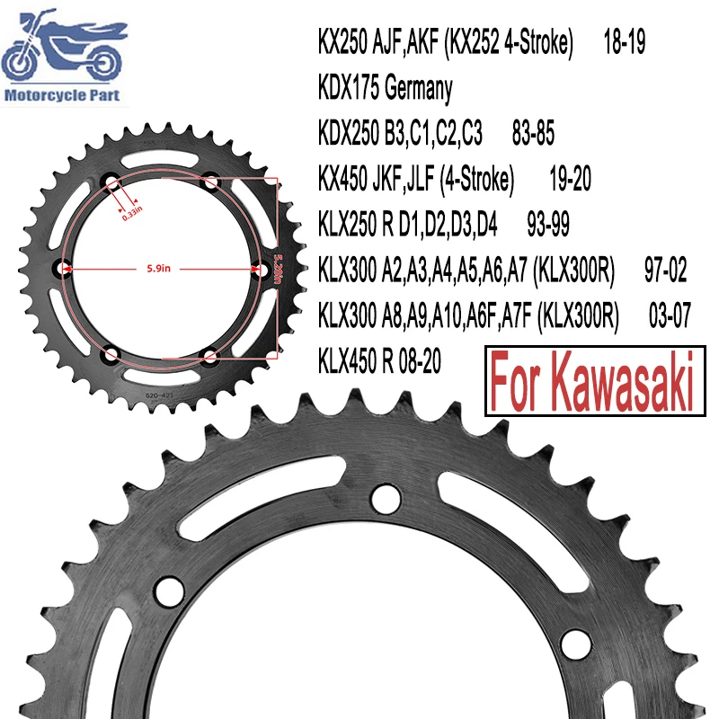 

Задняя звездочка 520-50T (50 зубьев) для мотоциклов Kawasaki KX250F, KX125, KX250, KX450, KLX250, 300, 450R, KLX250R, KXD175, KDX250