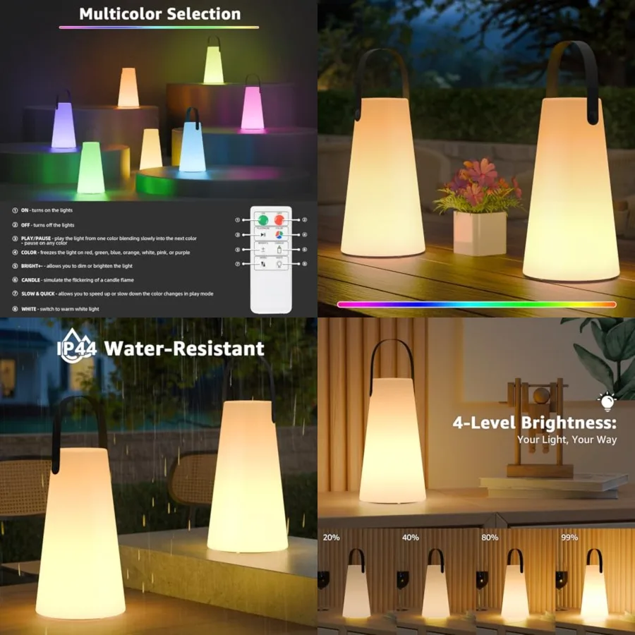 

Outdoor Lanterns, Rechargeable Cordless Outdoor Table Lamp with IP44 Water-Resistant, Battery Operated Portable Hanging Outdoor