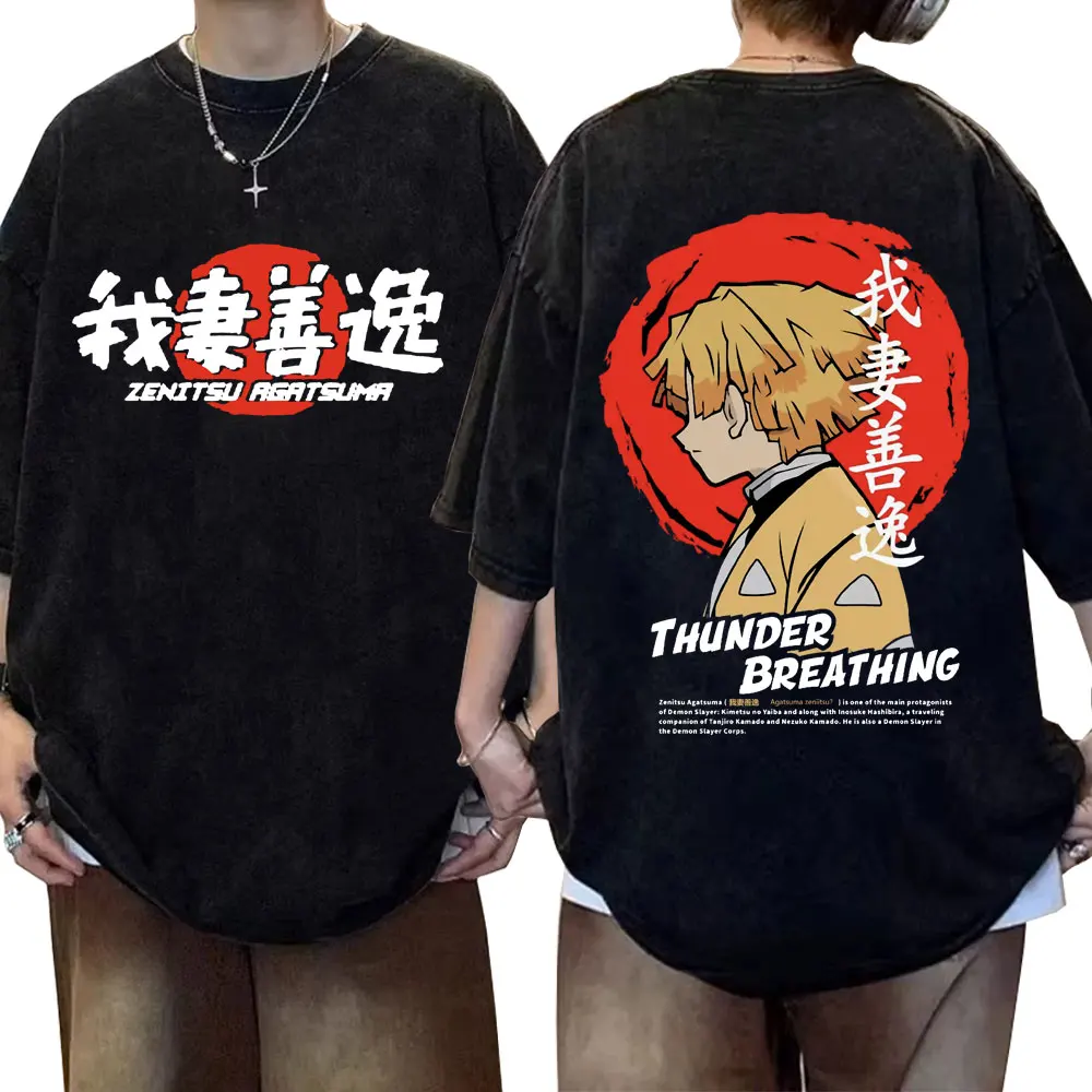 

Washed Vintage Anime Demon Slayer Graphic T-shirt Agatsuma Zenitsu Print T-shirts Men Women Casual Oversized T Shirts Streetwear