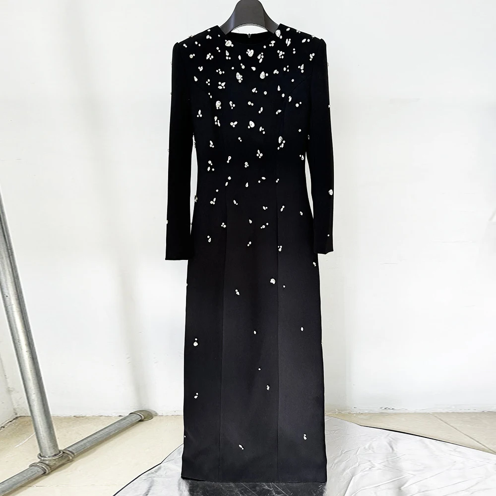 TWOTWINSTYLE Patchwork Diamonds Dress For Women Round Neck Long Sleeve High Waist Slimming Formal Dresses Female Fashion Style