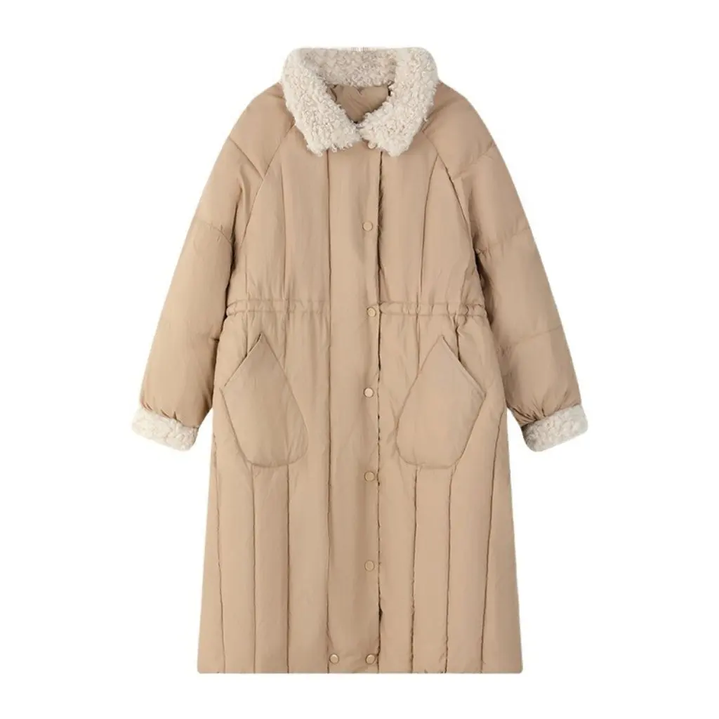 Giacca lunga imbottita in cotone da donna Nuovo cappotto in vita sopra il ginocchio con capispalla invernale con cuciture in lana di agnello