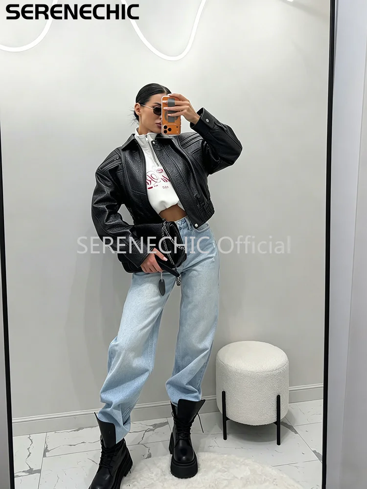 SERENECHIC Textured PU Aviator Coat with Elastic Hem Women's Black Cropped Faux Leather Jacket New Vintage Outerwear Female