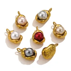 5pcs Stainless Steel Bracelet Charms Sunflower Bean Imitation Pearl Pendant Ladies DIY Necklace Making Supplies Wholesale