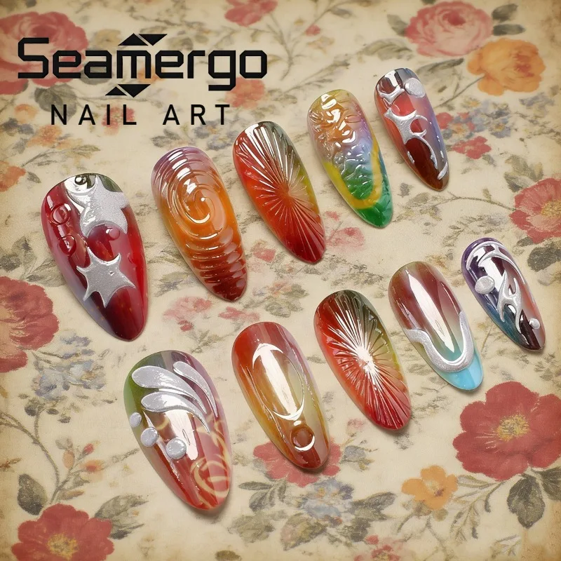 

24PCS Vibrant 3D Design Stick on Nails Metallic Silver Colorful French False Nails Sweet Cool Pattern Fashion Reusable Nail Tips