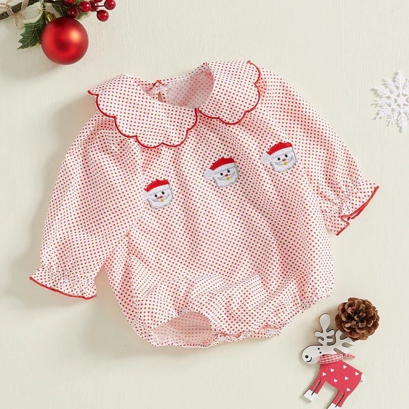 Baby Girls Rompers Christmas Clothes Dot Print Santa Embroidered Long Sleeve Bodysuits Xmas Fall Winter Clothes