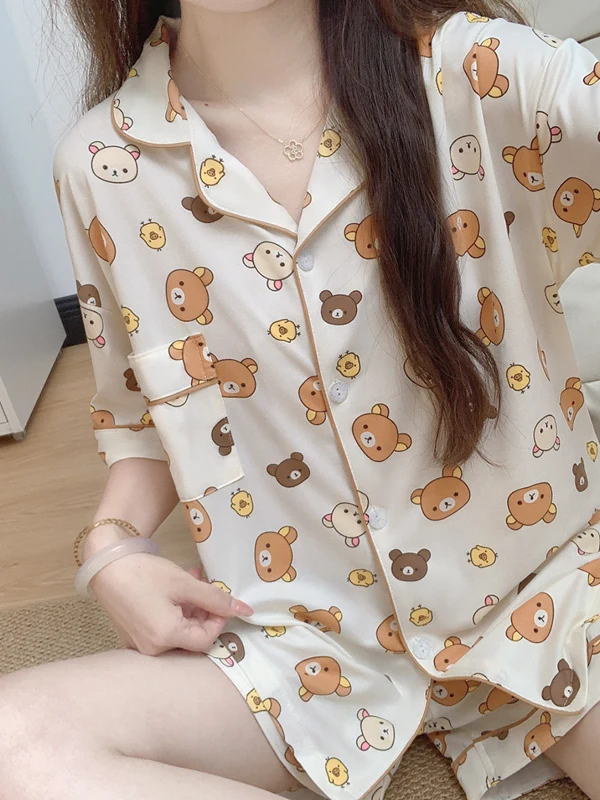 Pijamas de Verano con Dibujos Animados de Osos, Ropa de Dormir Informal de Manga Corta para Mujer, Ropa de Casa, Ropa de Dorm...