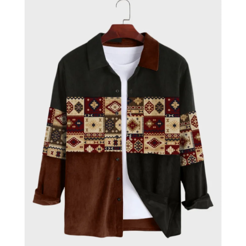 Vintage National Style Print Men\'s Shirts Casual Single-Breasted Blouses Long Sleeve Shirt Fashion Trend Lapel Tops Men Clothing