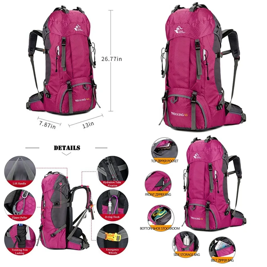 

60L Waterproof Hiking Camping Backpack with Rain Cover, Large Outdoor Sport Travel Daypack Rucksack for Climbing