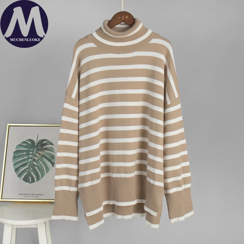 여성용 하이넥 니트 스웨터 가을 겨울 스트라이프 캐주얼 루즈핏 보온 풀오버 패션 다용도 두꺼운 니트웨어
