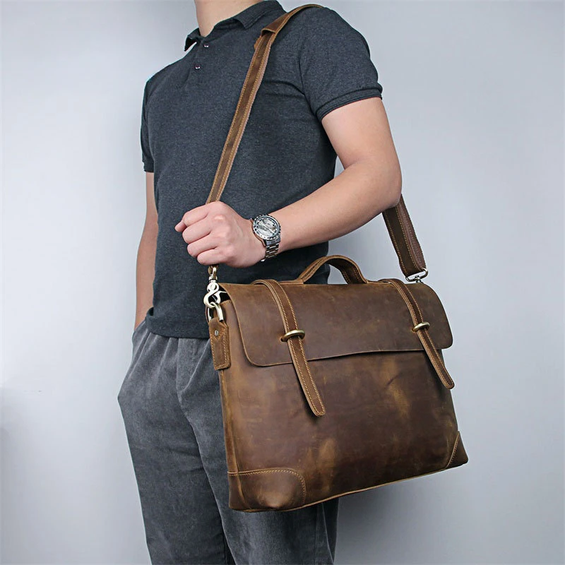 Retro Men's Briefcase Top Crazy Horse Cowhide Large Capacity Laptop Bag Business Tote Bag