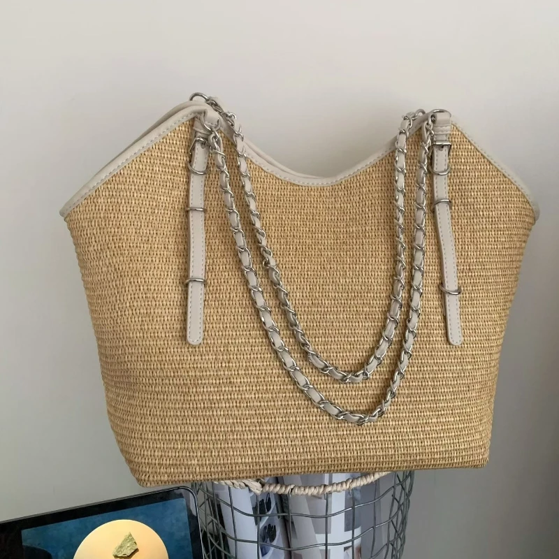 

2026 Trend Handwoven Straw Shoulder Bag for Women Casual Chain Large Capacity Tote Bag Summer Vacation/travel Beach Bag