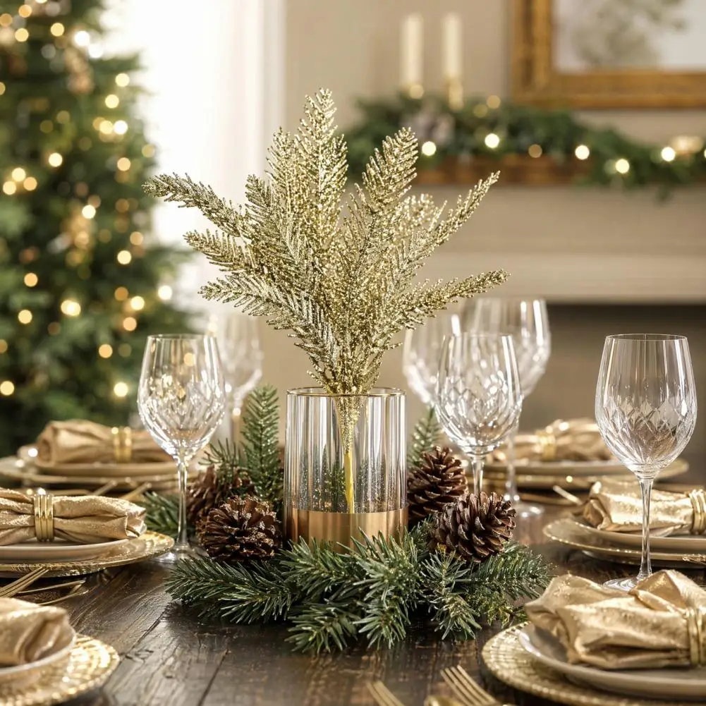 Christmas Centerpiece Pick Christmas Glitter Tree Filler Branches Artificial Pine Needle Leaves Twigs Diy Wreath for Holiday