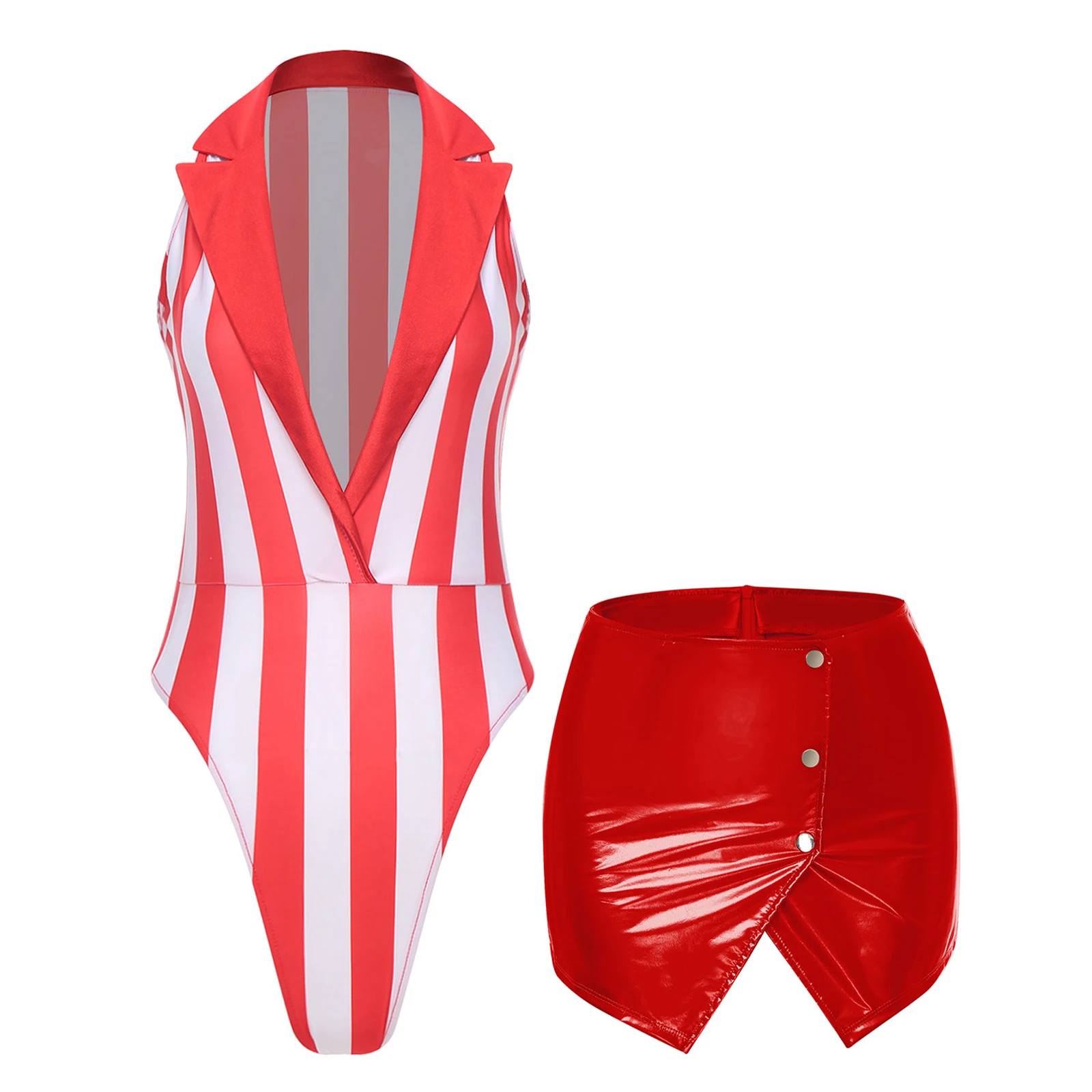 

Women Adults Stylish Striped Leotard with Miniskirt Deep V Neck Bodysuits And Metallic Shiny Skirt for Raves Party Clubwear