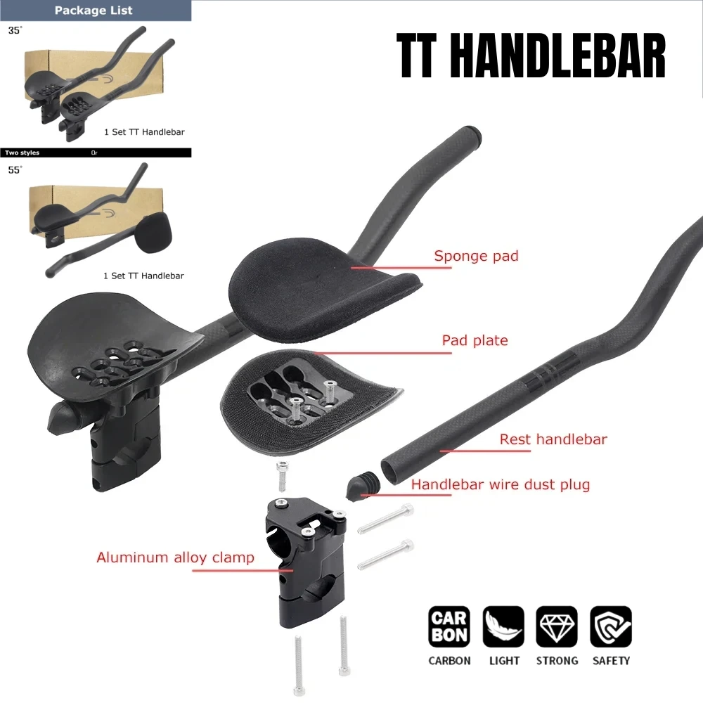 

DE TT Extensions Handlebar, Adjustable 35/55° Aero Carbon Fiber Bar with Internal Routing for Time Trial Bike