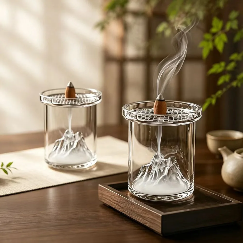Vintage Glass Mountain Incense Burner Metal Incense Plate with Glass Ash Catcher Incense Holder Transparent Heat-resistant