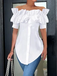 Solid White Ruffled Boat Neck Off-the-shoulder Shirt Top Short Sleeves Buttoned Slim Fit Blouses for Urban Women