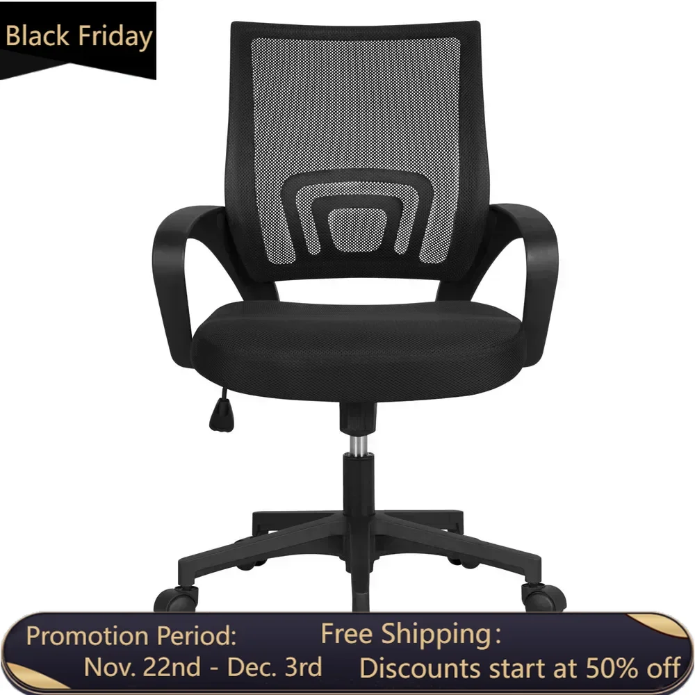 Black Office Chair Adjustable Mid Back Mesh Swivel Office Chair With Armrests Computer Armchair Furniture Chairs Gaming Cushion