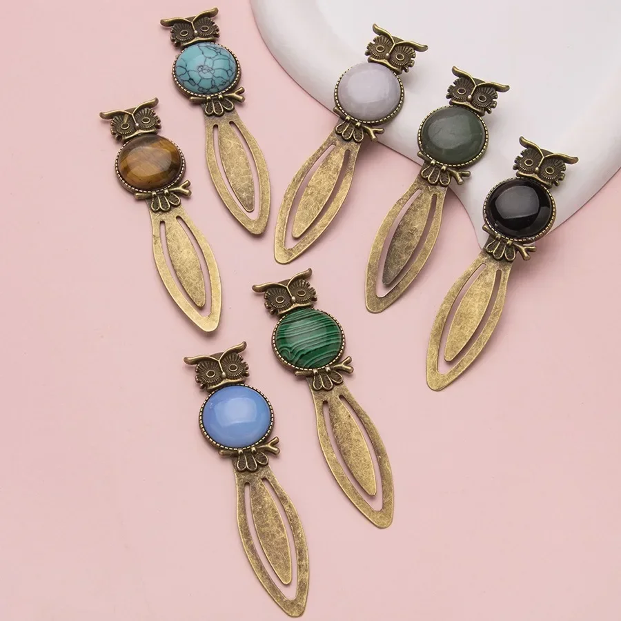 1pc Vintage Owl bookmark with Mineral Crystal Semi-gemstone Reiki Energy Stone stationery diy learning appliance supplies gift