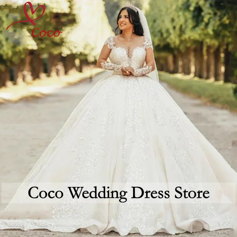 Customized Gorgeous Long Sleeve Luxury Wedding Dresses Beading Sequined Lace O Neck Bridal Gown Vestidos De Novia