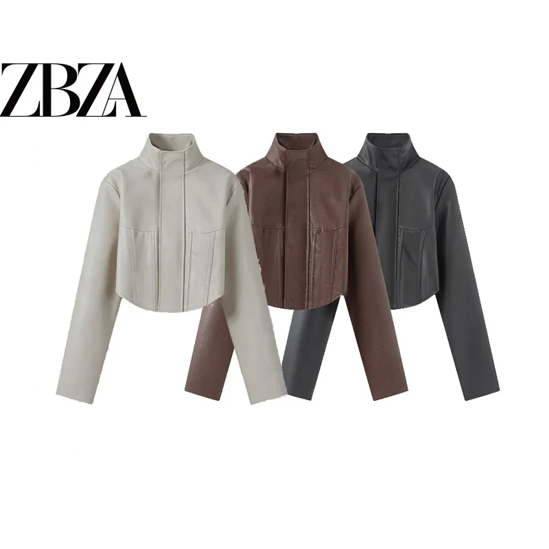 Fashionable Slim Fit Pure Color Stand Collar Fishbone PU Leather Short Jacket Women's Baseball Jacket Casual Style Spring 2026