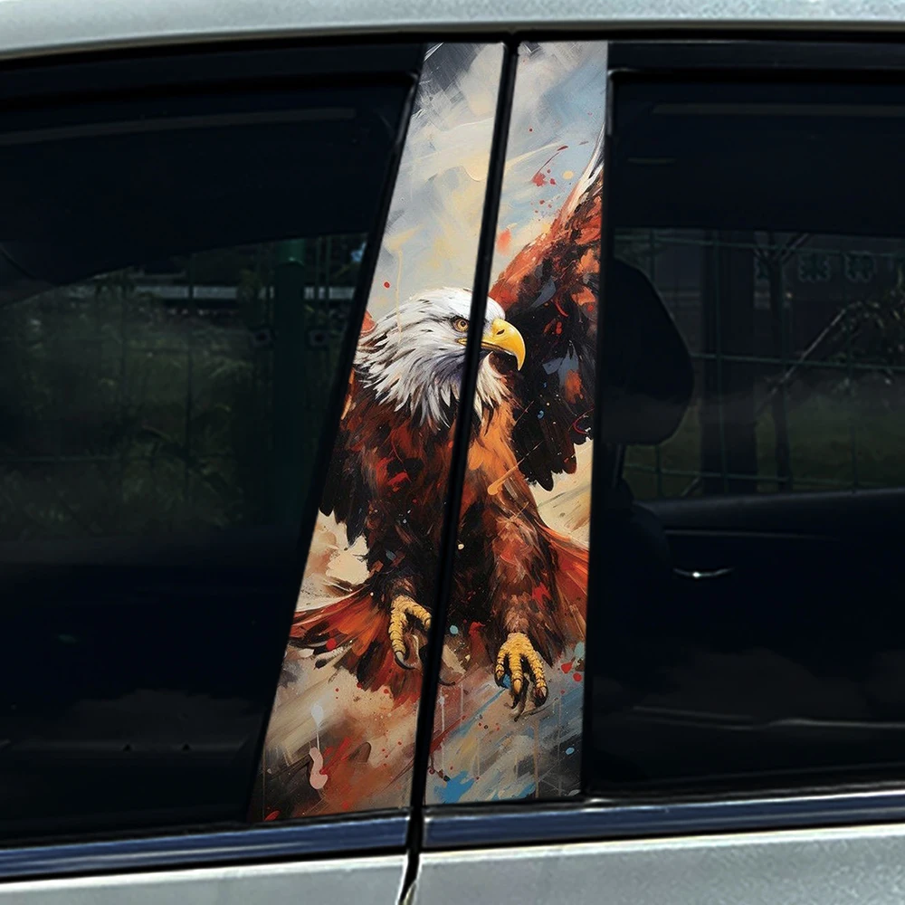 2PCS Cool Artistic Oil Painting Eagle Car B-Pillar Sticker, High Quality PET Decal, Durable Aesthetic Decor for Most Vehicles