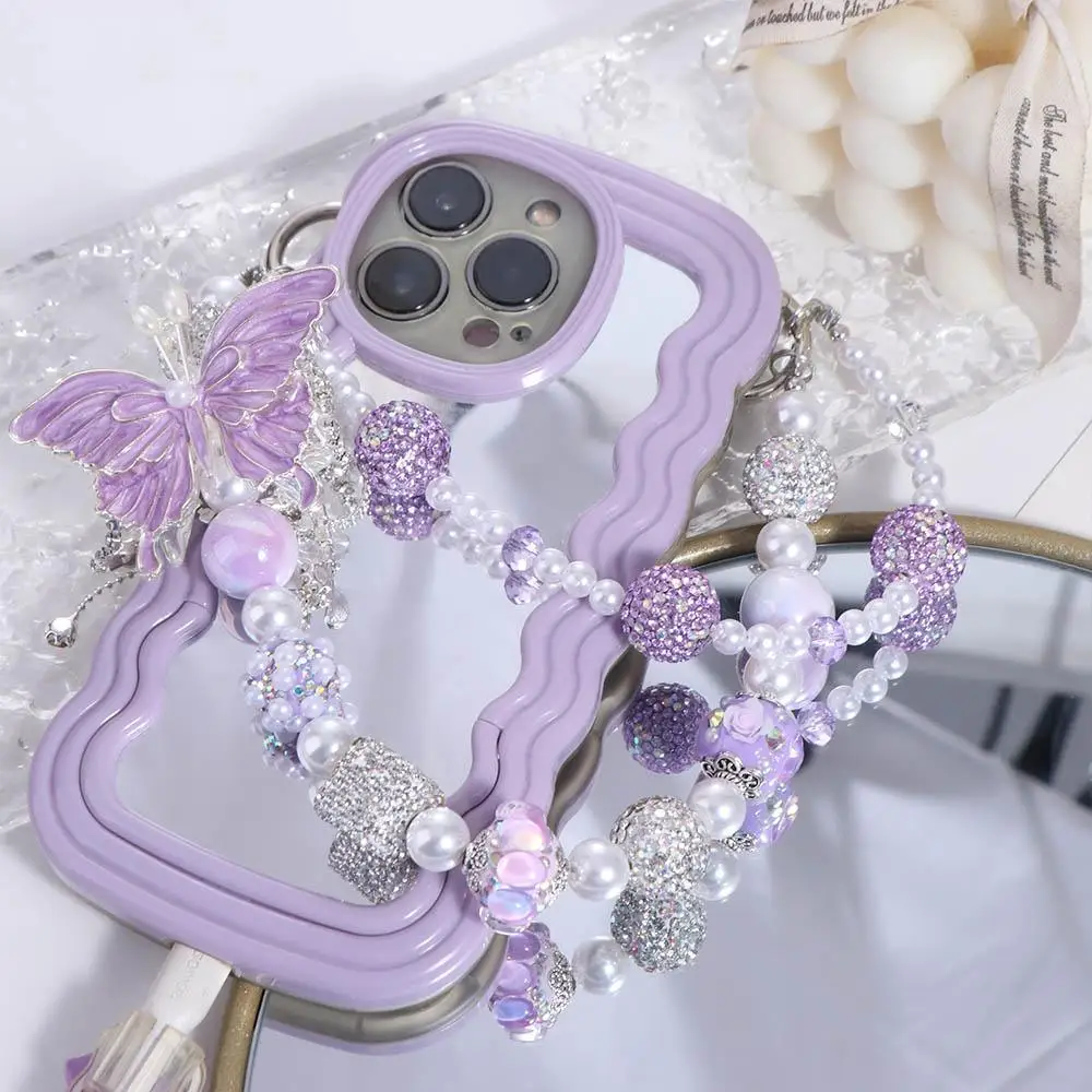 

Glitter Rhinestone Phone Chain Double Layer Luxury Butterfly Key Chain Wrist Strap Pearl Beaded Cell Phone Lanyard