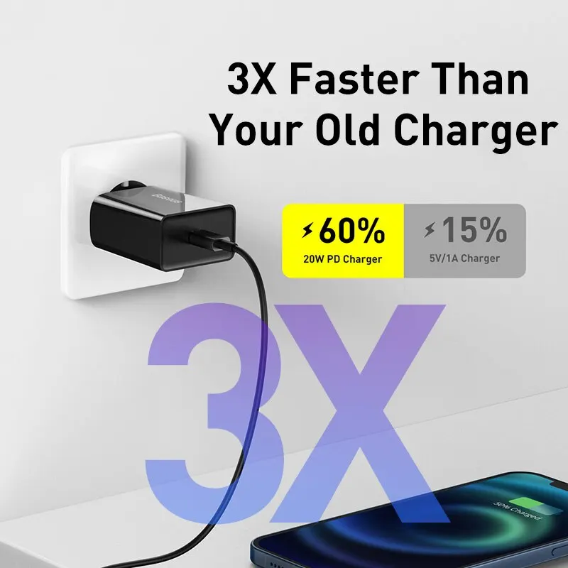 Baseus 20W Quick Charge QC 3.0 PD USB C Fast Charger Type C Charger for iPhone 15 14 13 12 X Xs 8 Xiaomi Samsung Phone Tablet image 2