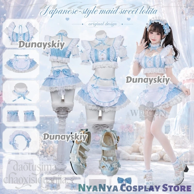 Disfraz de Lolita Japonesa Y2K Jirai Kei Kawaii ACG Nijigen, Diseño Original, Estilo Maid, Dulce, con Encaje Azul, Mini Vestido Sexy